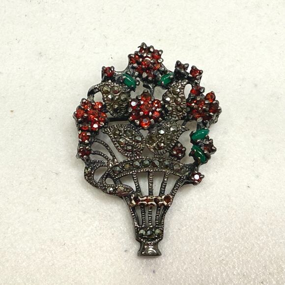 Vintage Sterling Brooch Pendant Flower Basket Marcasite-Garnet-Green Quartz Pin - Picture 2 of 15